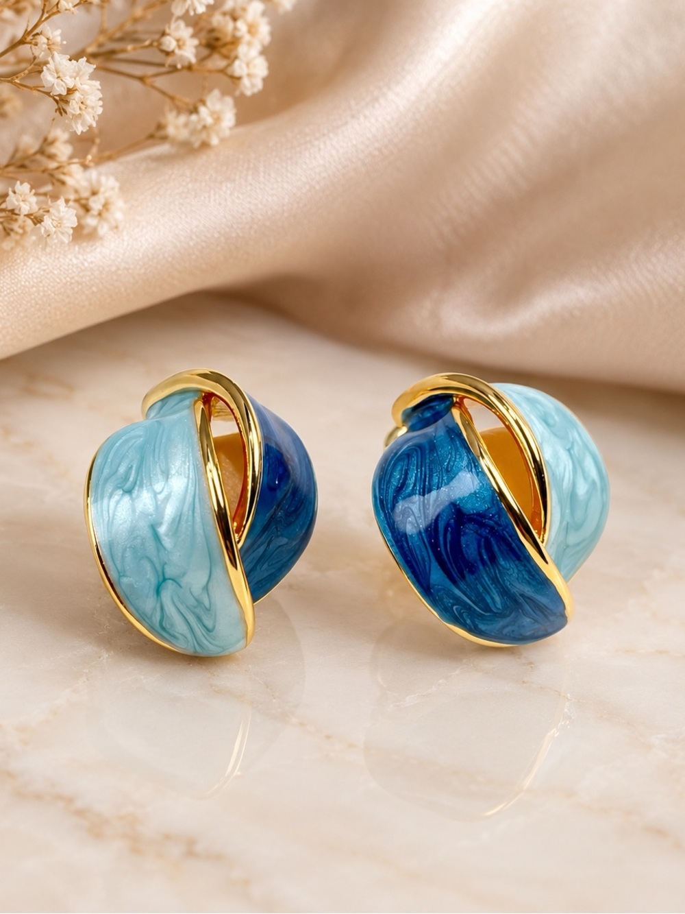 Gold Accent Blue and White Stone Clip-On Earrings